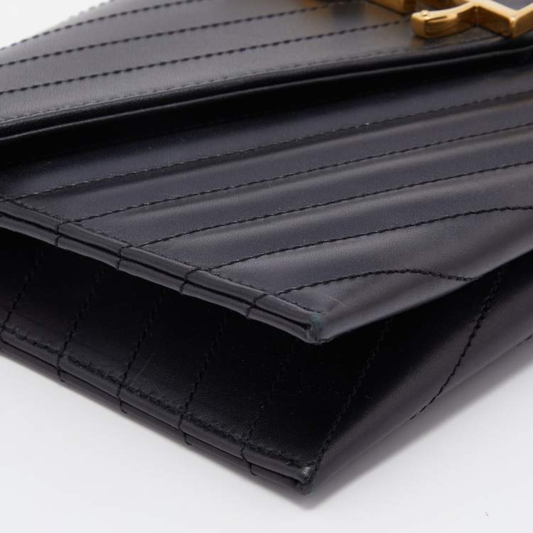 Pre Owned Saint Laurent Black Matelassé Leather Monogram Flap Clutch
