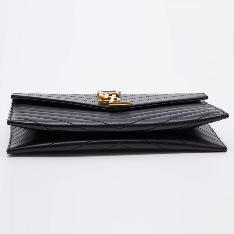 Pre Owned Saint Laurent Black Matelassé Leather Monogram Flap Clutch