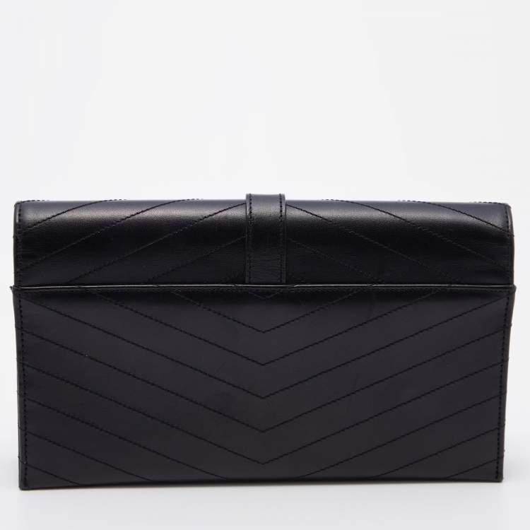 Pre Owned Saint Laurent Black Matelassé Leather Monogram Flap Clutch