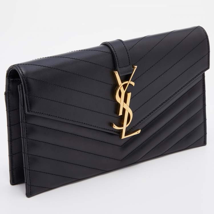 Pre Owned Saint Laurent Black Matelassé Leather Monogram Flap Clutch