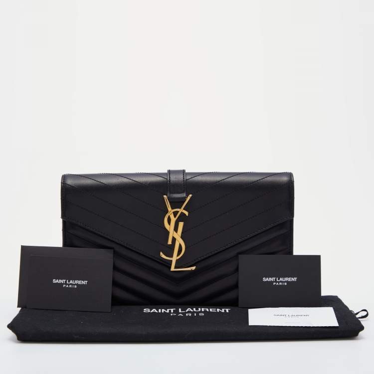 Pre Owned Saint Laurent Black Matelassé Leather Monogram Flap Clutch