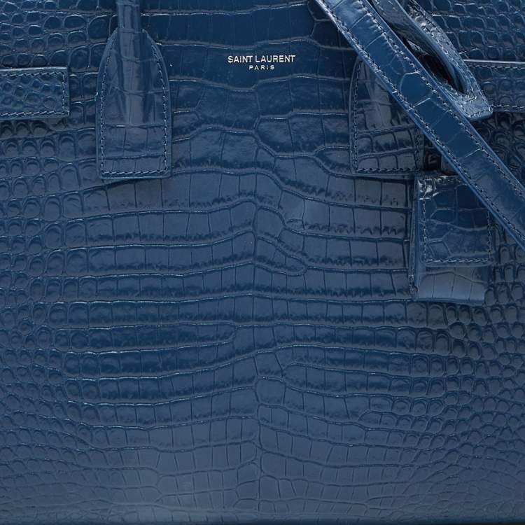 Pre Owned Saint Laurent Blue Croc Embossed Leather Baby Classic Sac De Jour Tote