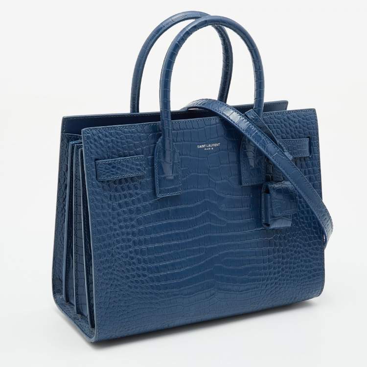 Pre Owned Saint Laurent Blue Croc Embossed Leather Baby Classic Sac De Jour Tote