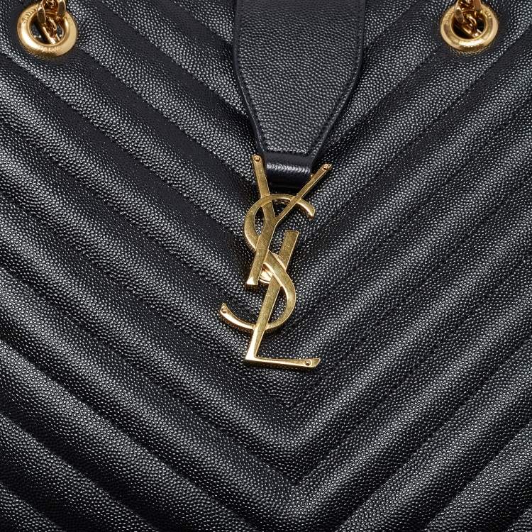 Pre Owned Saint Laurent Black Chevron Leather Monogram Chain Cassandre Tote