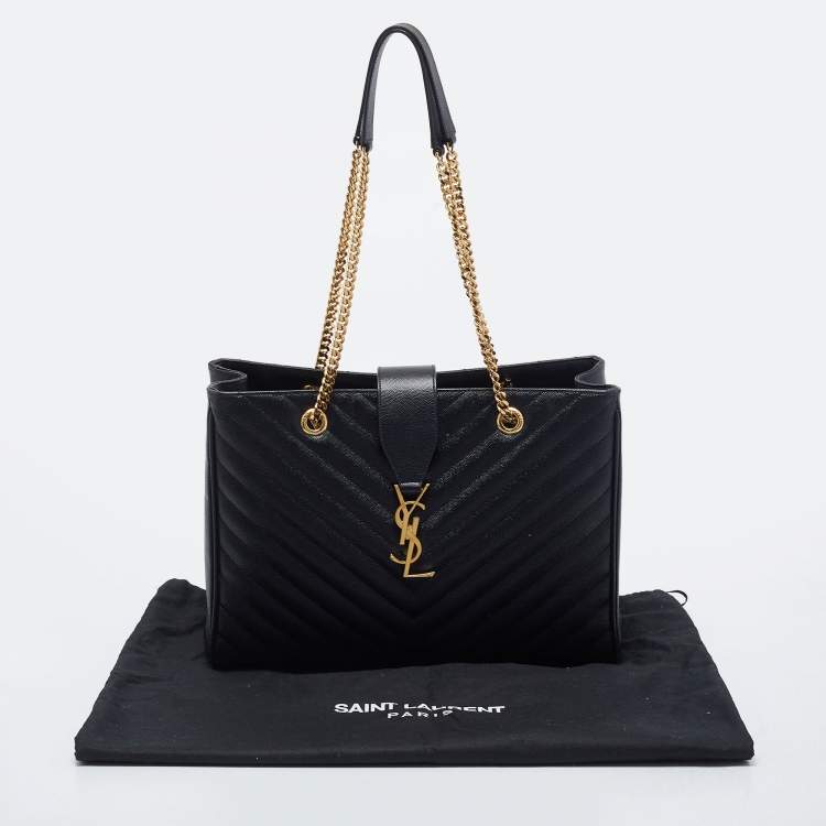 Pre Owned Saint Laurent Black Chevron Leather Monogram Chain Cassandre Tote