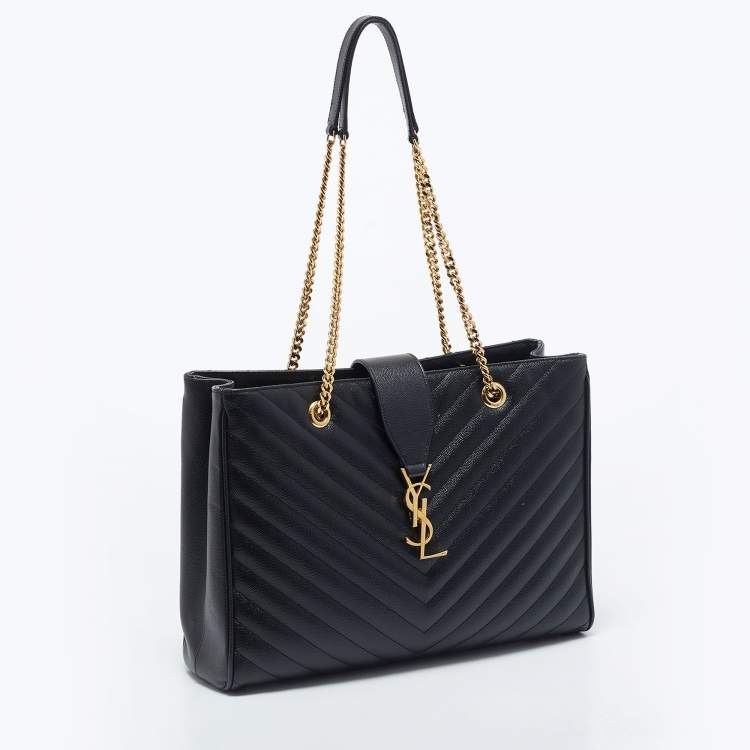 Pre Owned Saint Laurent Black Chevron Leather Monogram Chain Cassandre Tote