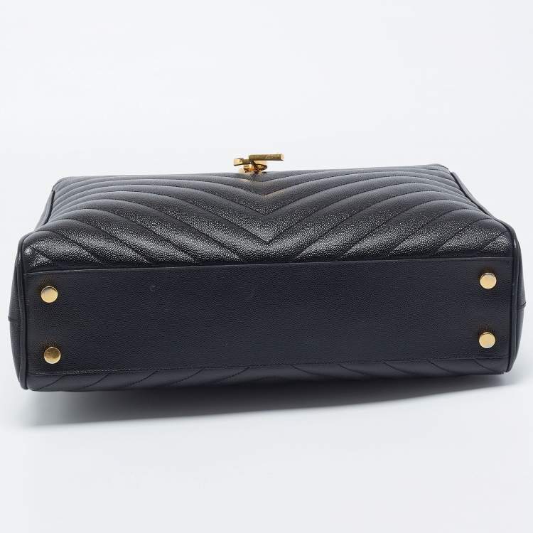 Pre Owned Saint Laurent Black Chevron Leather Monogram Chain Cassandre Tote