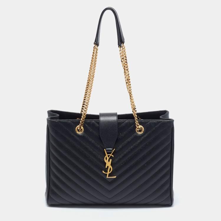 Pre Owned Saint Laurent Black Chevron Leather Monogram Chain Cassandre Tote