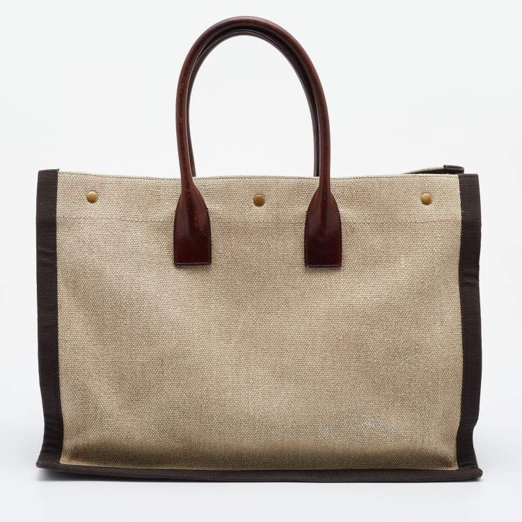 Pre Owned Saint Laurent Tri Color Linen and Leather Rive Gauche Shopper Tote 