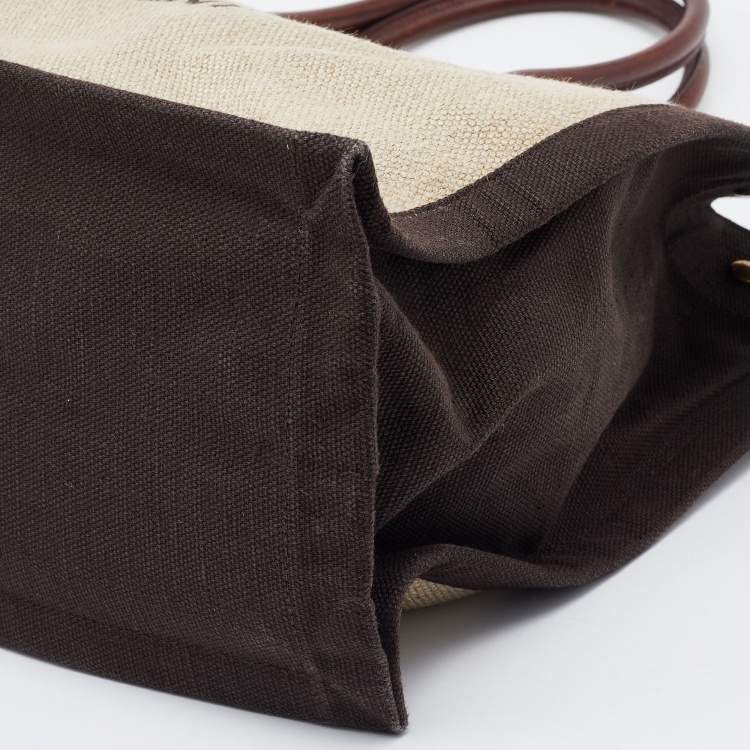 Pre Owned Saint Laurent Tri Color Linen and Leather Rive Gauche Shopper Tote 