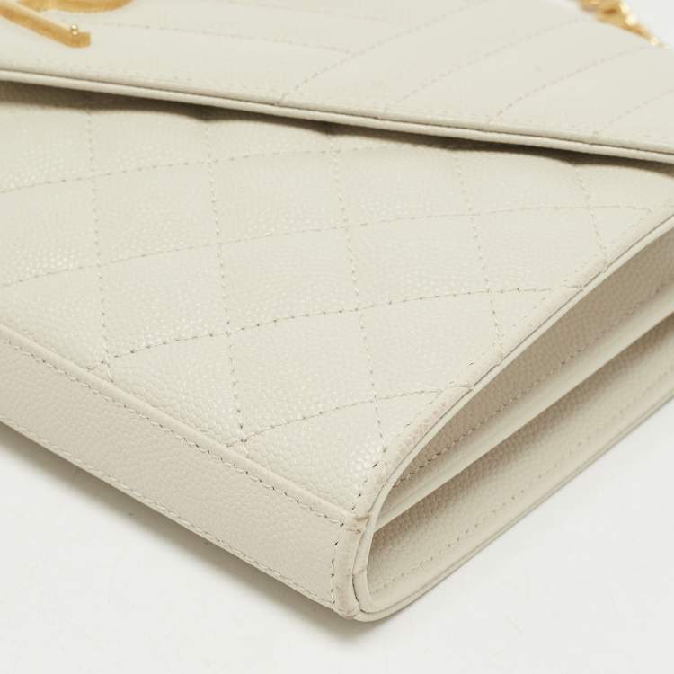 Pre Owned Saint Laurent White Mix Matelassé Leather Monogram Flap Chain Clutch