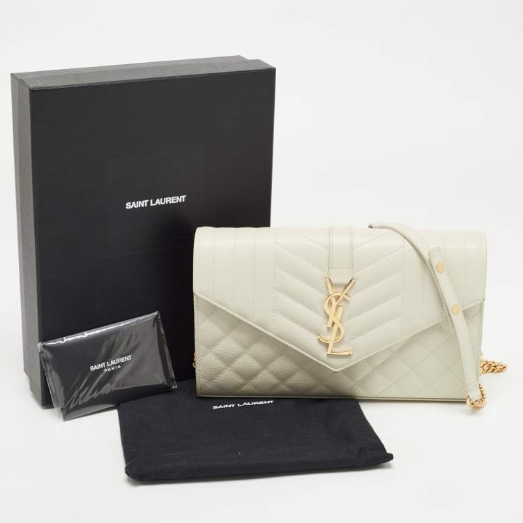 Pre Owned Saint Laurent White Mix Matelassé Leather Monogram Flap Chain Clutch