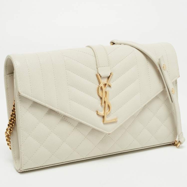 Pre Owned Saint Laurent White Mix Matelassé Leather Monogram Flap Chain Clutch