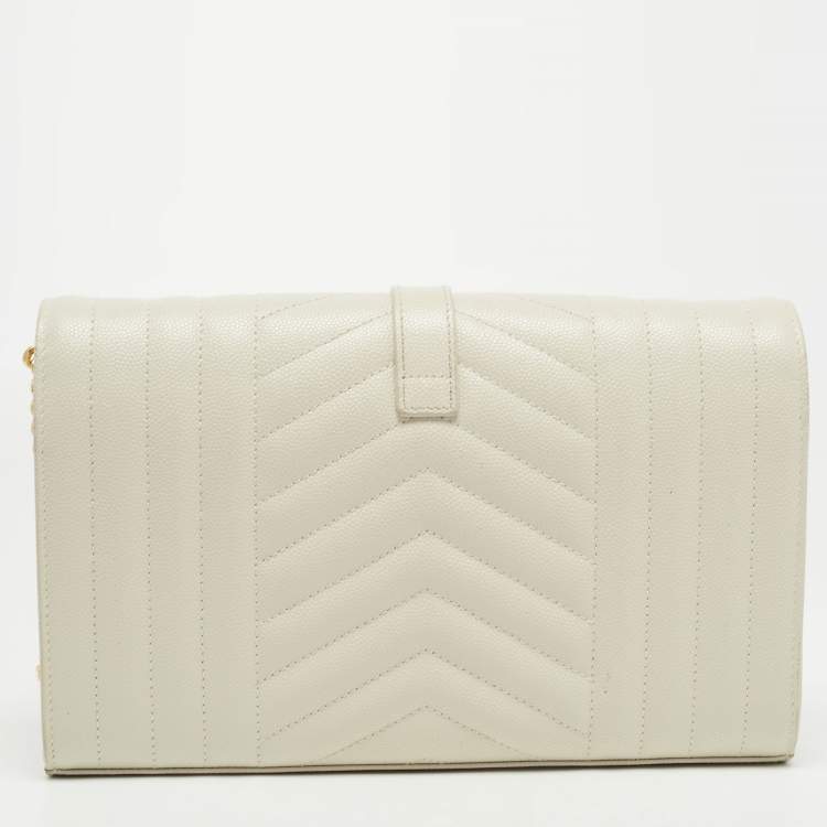 Pre Owned Saint Laurent White Mix Matelassé Leather Monogram Flap Chain Clutch