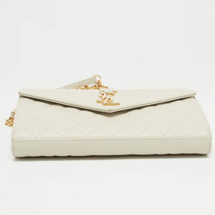 Pre Owned Saint Laurent White Mix Matelassé Leather Monogram Flap Chain Clutch
