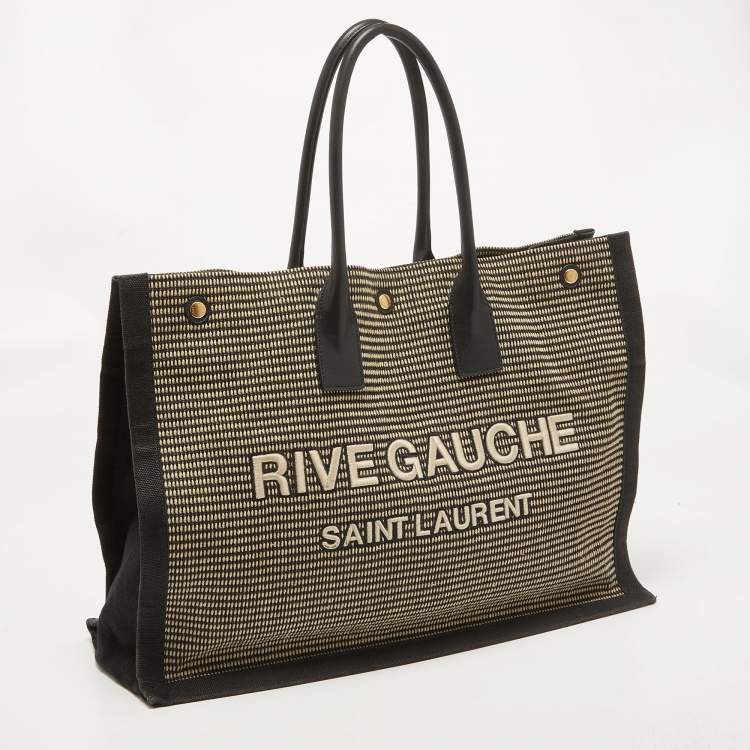 Pre Owned Saint Laurent Black/Beige Embroidered Canvas Rive Gauche Tote