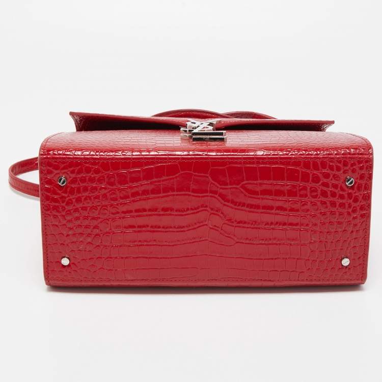 Pre Owned Saint Laurent Red Croc Embossed Leather Medium Cassandra Top Handle Bag