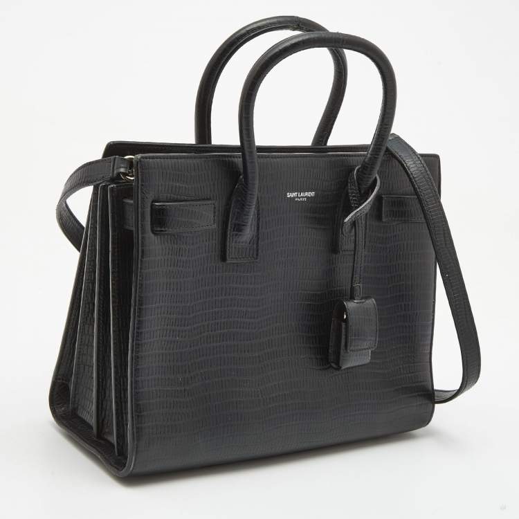 Pre Owned Saint Laurent Black Lizard Embossed Leather Baby Classic Sac De Jour Tote