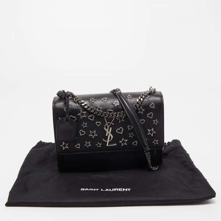 Pre Owned Saint Laurent Black Leather Medium Heart and Star Sunset Chain Shoulder Bag