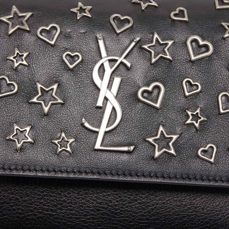 Pre Owned Saint Laurent Black Leather Medium Heart and Star Sunset Chain Shoulder Bag