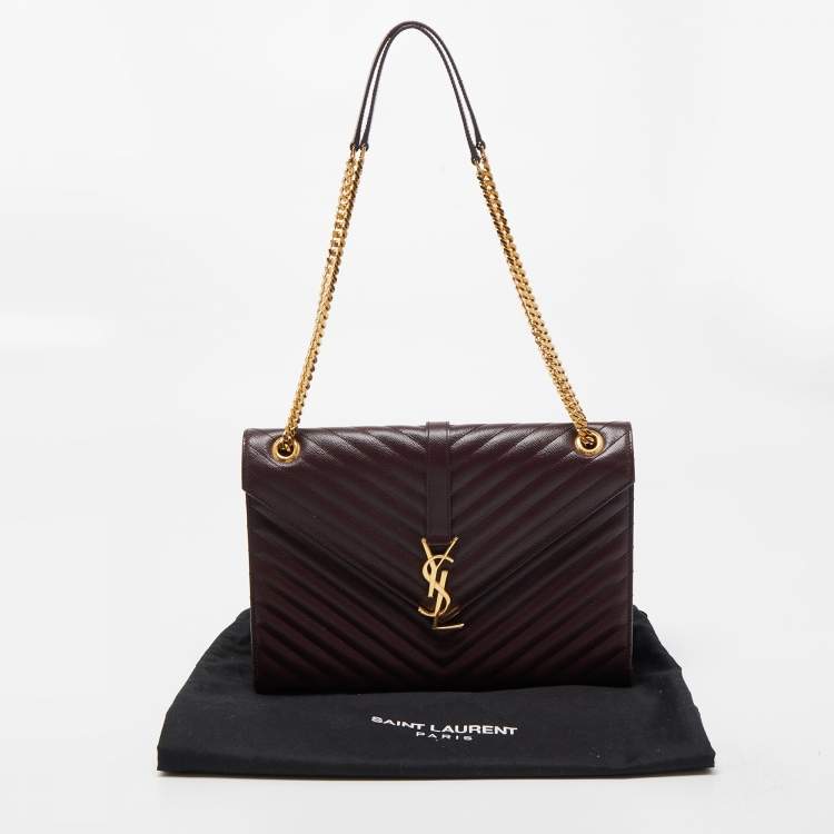 Pre Owned Saint Laurent Burgundy Matelassé Leather Large Monogram Envelope Shoulder Bag