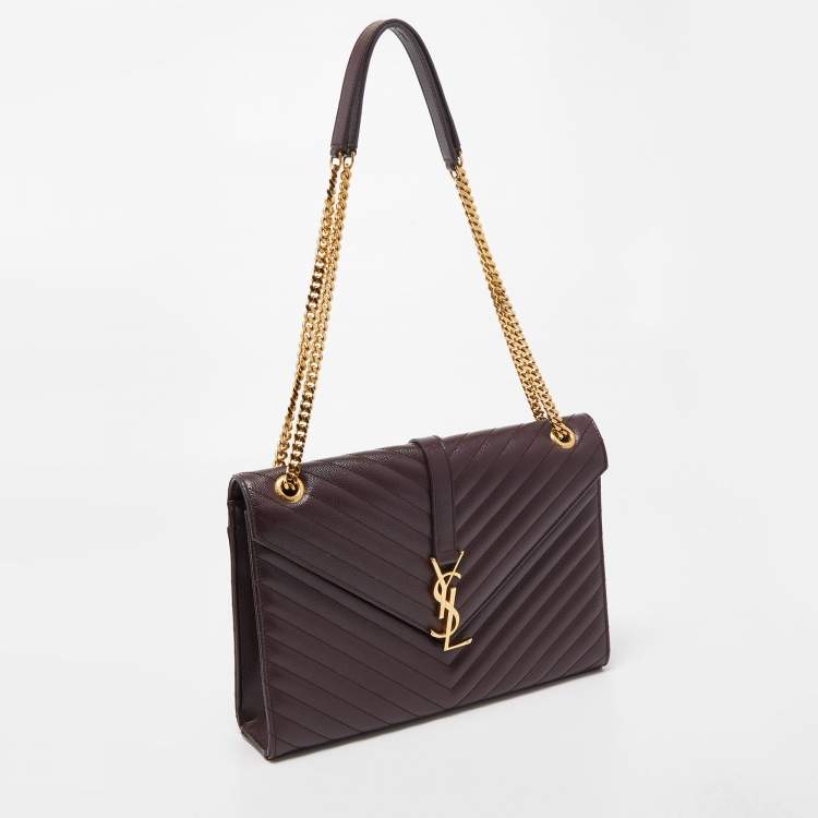 Pre Owned Saint Laurent Burgundy Matelassé Leather Large Monogram Envelope Shoulder Bag