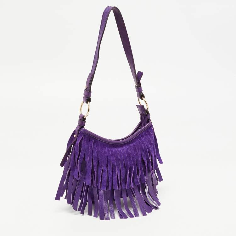 Pre Owned Saint Laurent Purple Fringed Suede And Leather Shoulder Bag