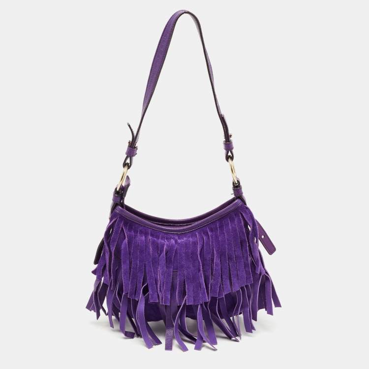 Pre Owned Saint Laurent Purple Fringed Suede And Leather Shoulder Bag