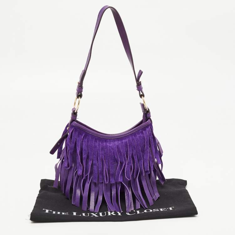 Pre Owned Saint Laurent Purple Fringed Suede And Leather Shoulder Bag