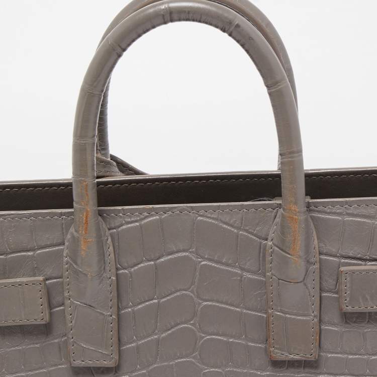 Pre Owned Saint Laurent Grey Croc Leather Nano Classic Sac De Jour Tote