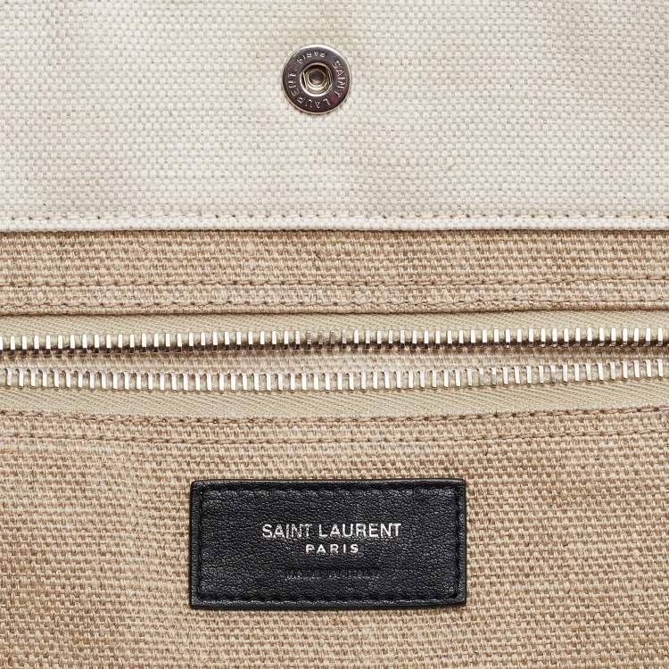 Pre Owned Saint Laurent Beige/Black Linen and Leather Rive Gauche Shopper Tote 