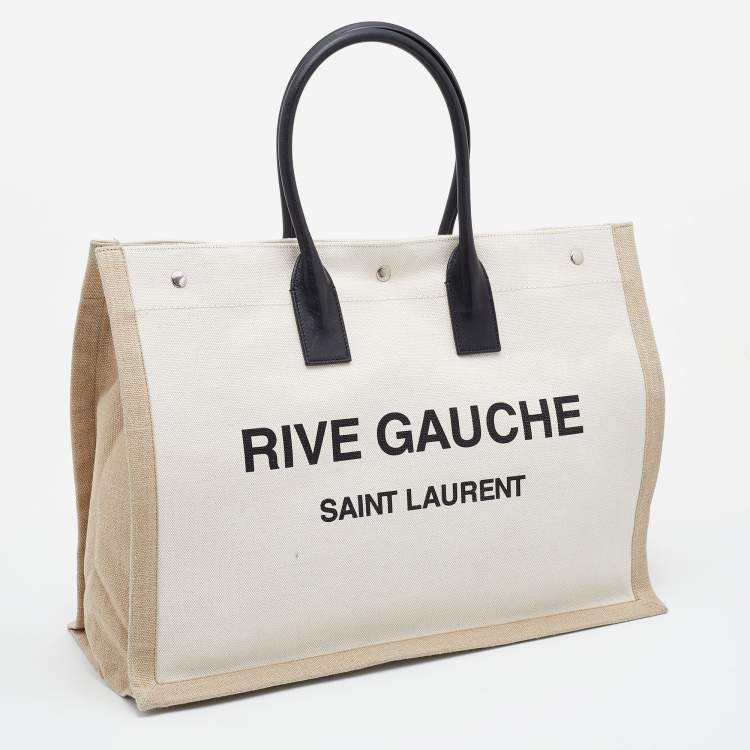 Pre Owned Saint Laurent Beige/Black Linen and Leather Rive Gauche Shopper Tote 
