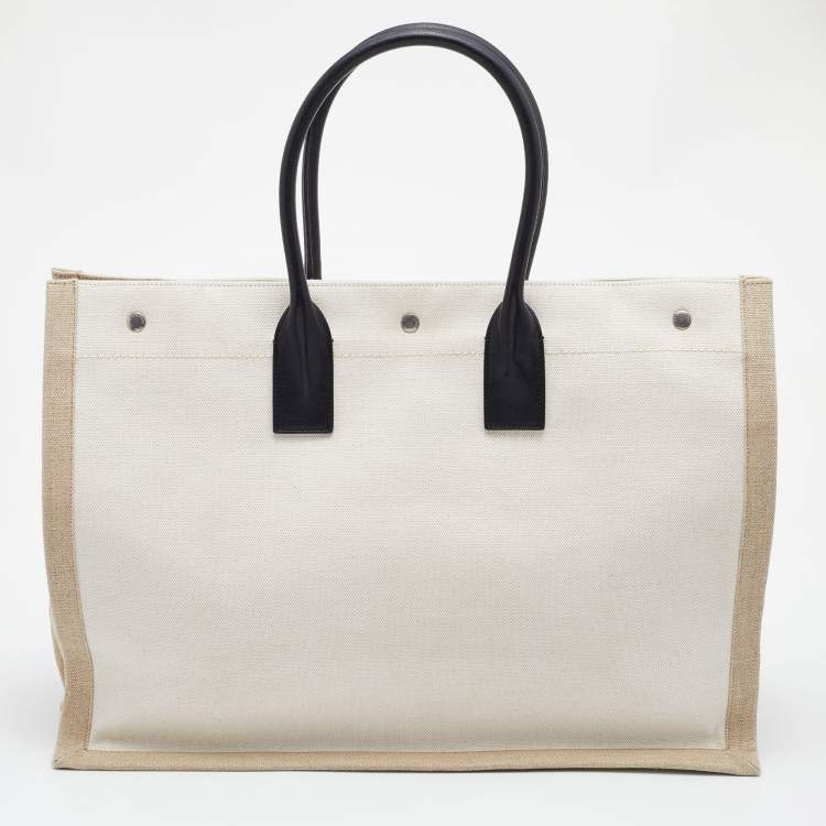 Pre Owned Saint Laurent Beige/Black Linen and Leather Rive Gauche Shopper Tote 