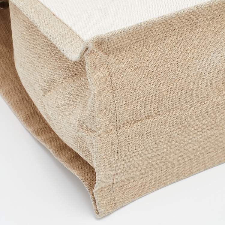 Pre Owned Saint Laurent Beige/Black Linen and Leather Rive Gauche Shopper Tote 