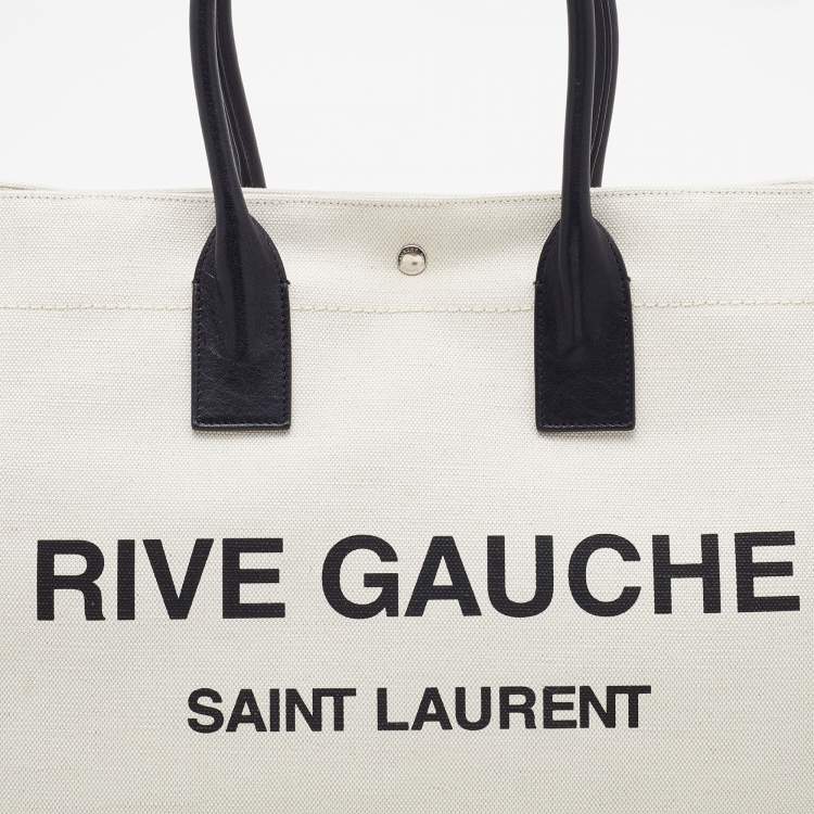 Pre Owned Saint Laurent Beige/Black Linen and Leather Rive Gauche Shopper Tote 