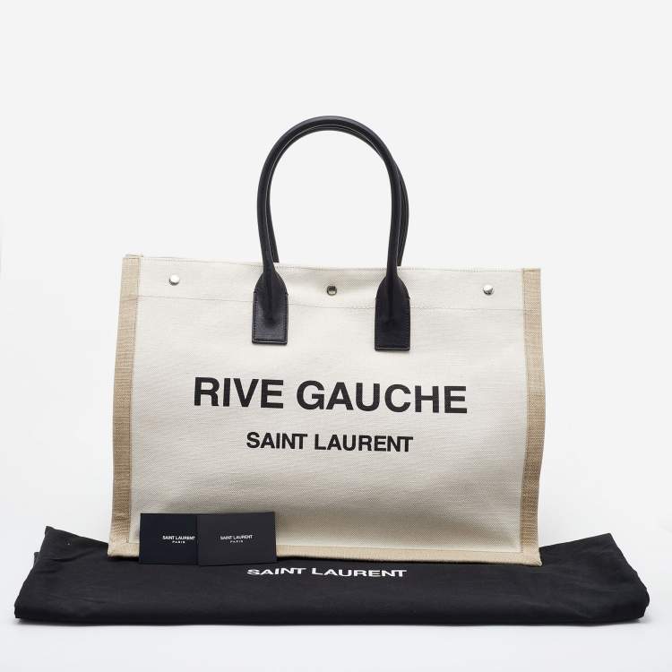 Pre Owned Saint Laurent Beige/Black Linen and Leather Rive Gauche Shopper Tote 