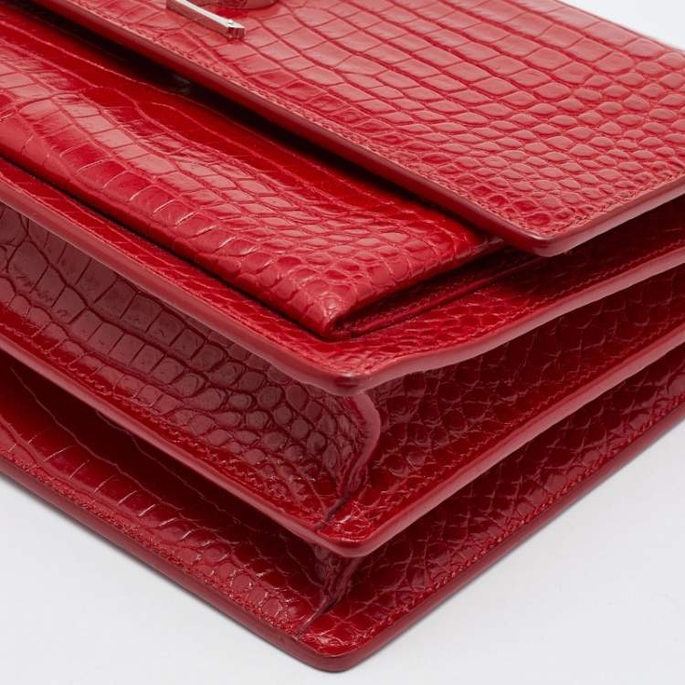 مملوكة مسبقًا Saint Laurent Red Shiny Croc Embossed Leather Medium Sunset Shoulder Bag