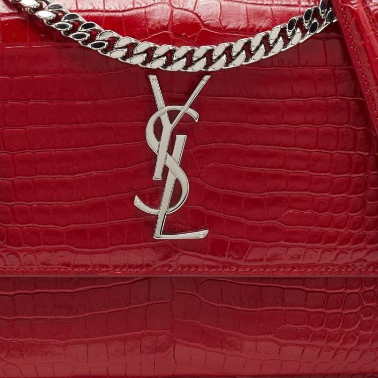 مملوكة مسبقًا Saint Laurent Red Shiny Croc Embossed Leather Medium Sunset Shoulder Bag