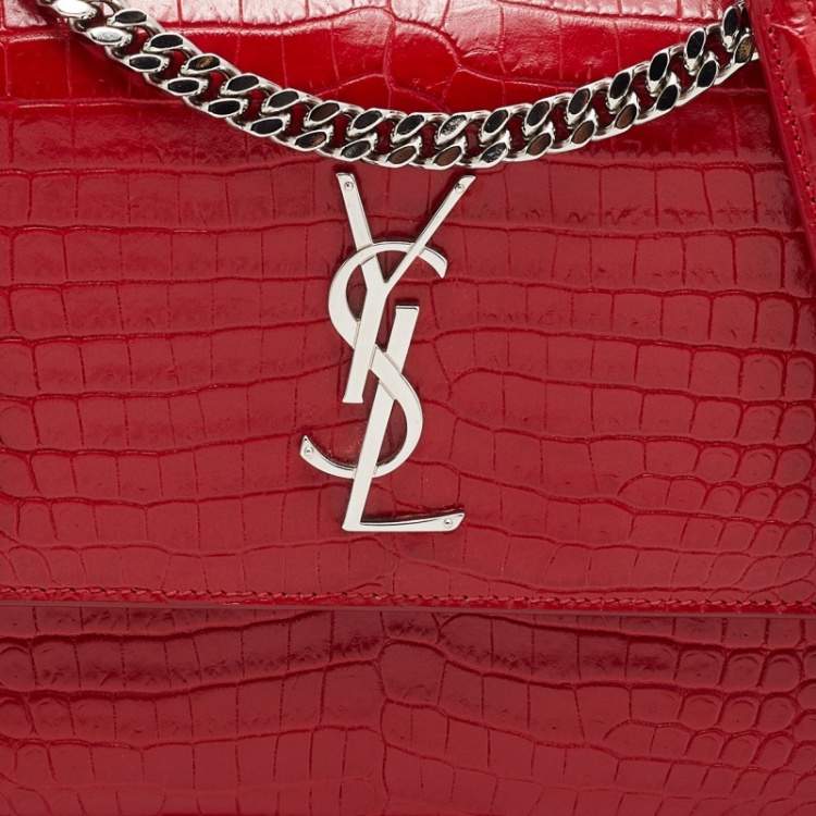 مملوكة مسبقًا Saint Laurent Red Shiny Croc Embossed Leather Medium Sunset Shoulder Bag