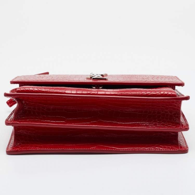 مملوكة مسبقًا Saint Laurent Red Shiny Croc Embossed Leather Medium Sunset Shoulder Bag