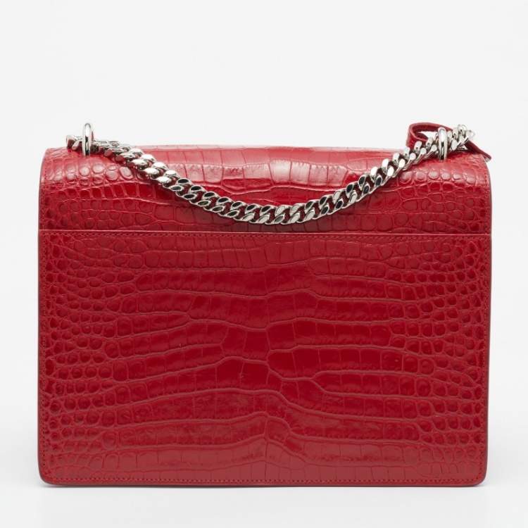 مملوكة مسبقًا Saint Laurent Red Shiny Croc Embossed Leather Medium Sunset Shoulder Bag