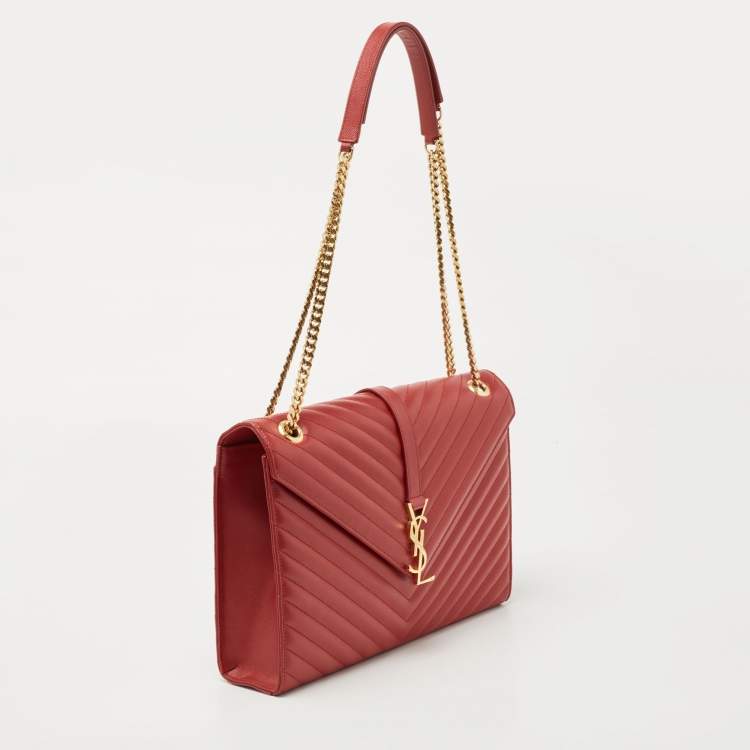 Pre Owned Saint Laurent Red Matelassé Leather Large Monogram Envelope Shoulder Bag