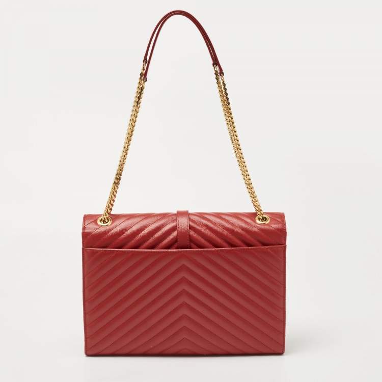 Pre Owned Saint Laurent Red Matelassé Leather Large Monogram Envelope Shoulder Bag