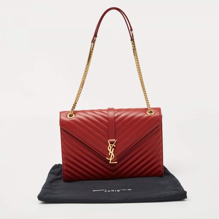 Pre Owned Saint Laurent Red Matelassé Leather Large Monogram Envelope Shoulder Bag