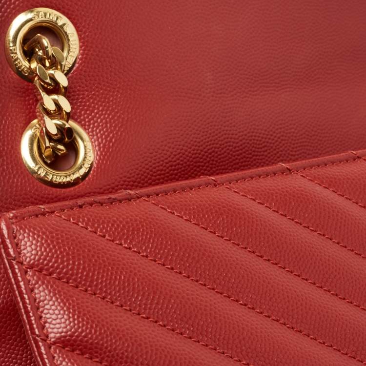 Pre Owned Saint Laurent Red Matelassé Leather Large Monogram Envelope Shoulder Bag