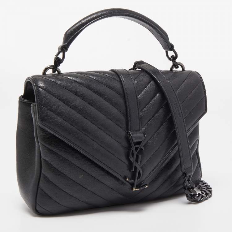 Pre Owned Saint Laurent Black Matelassé Leather Medium College Top Handle Bag