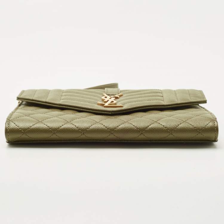 Pre Owned Saint Laurent Olive Green Mix Matelassé Leather Envelope Flap Clutch