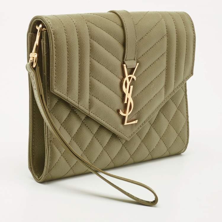 Pre Owned Saint Laurent Olive Green Mix Matelassé Leather Envelope Flap Clutch