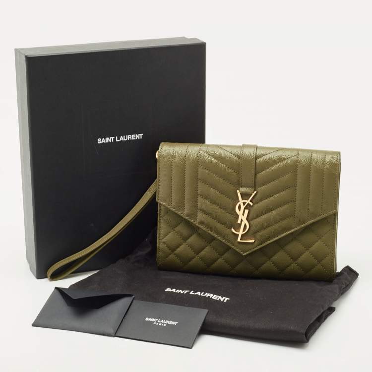 Pre Owned Saint Laurent Olive Green Mix Matelassé Leather Envelope Flap Clutch