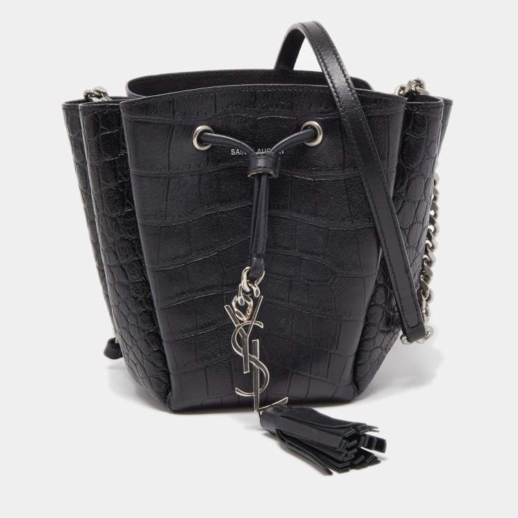 Saint Laurent Monogram Mini Leather Bucket Bag in Black